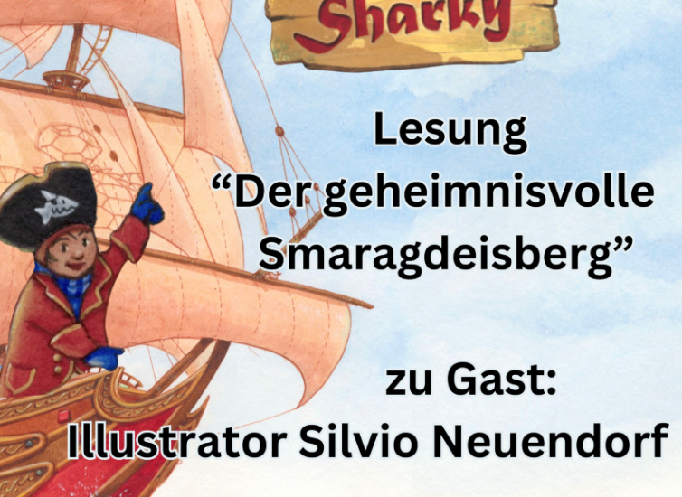 Hinweis auf Lesung am 10.11.2024 abgebildet sind ein Segelschiff und die Comic Figur Käptn Sharky